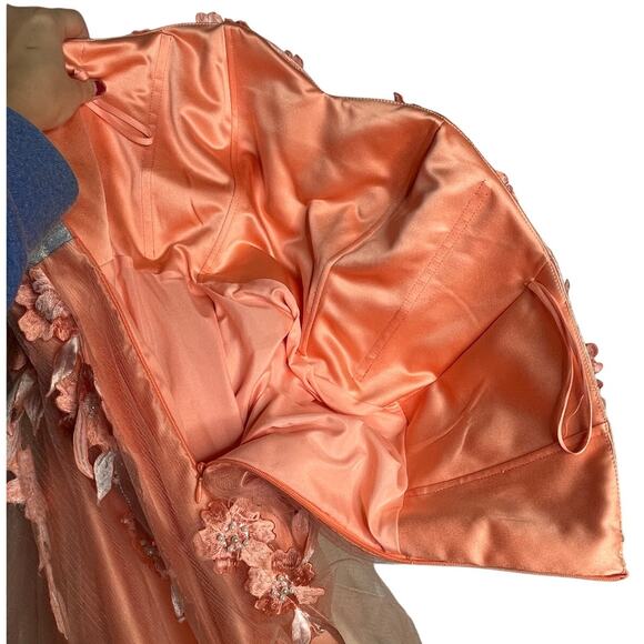 Vintage 50s Embroidered Beaded Tulle Ballgown 6 Strapless Dress Full Skirt Peach - Picture 7 of 10